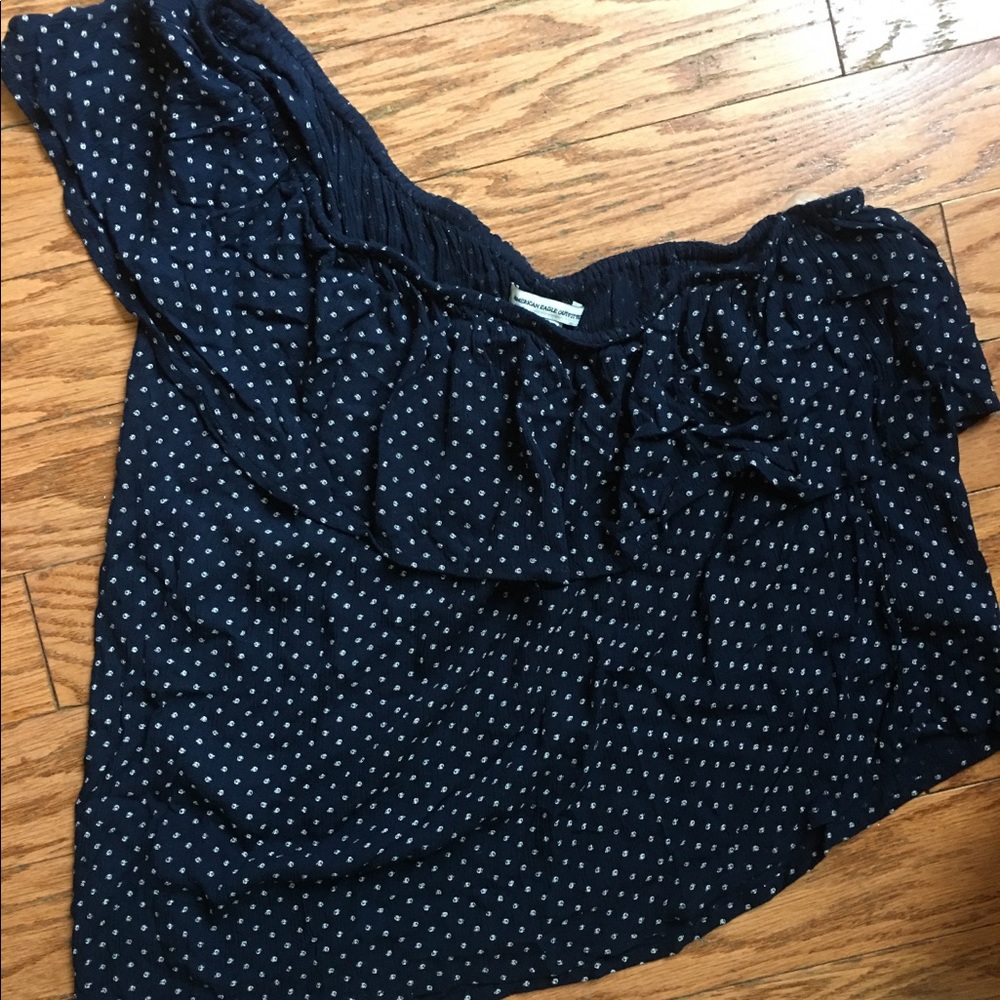 Navy blue one shoulder polka dot blouse